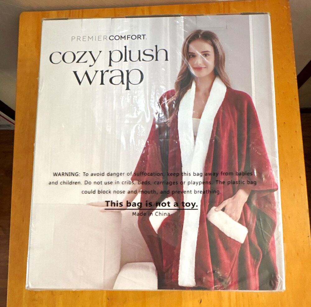 Premier Comfort Cozy Plush Wrap Faux Fur Collar Trim Pockets Merlot 50x70